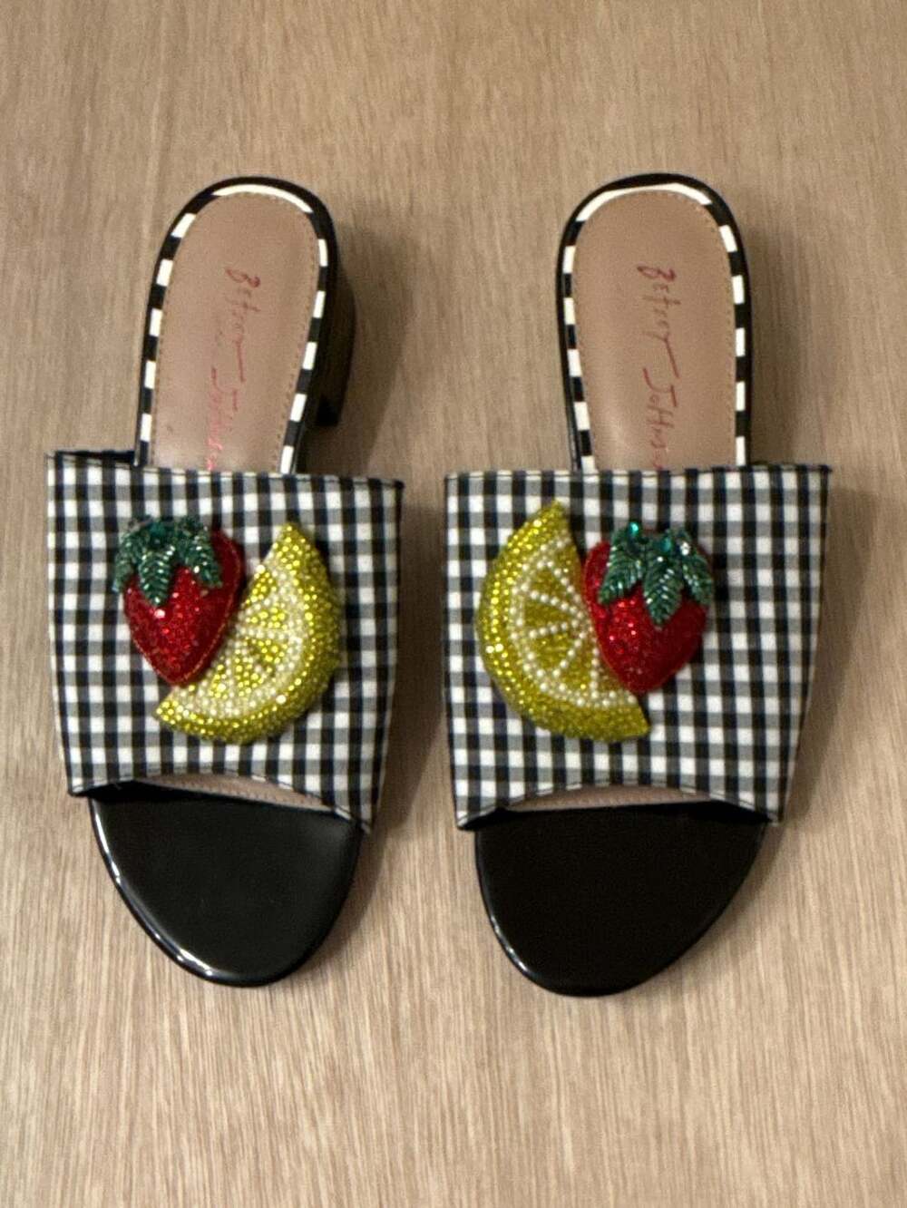 Betsey Johnson Lindyy Black and White Gingham Fruit Embellished Slide Sandals Si